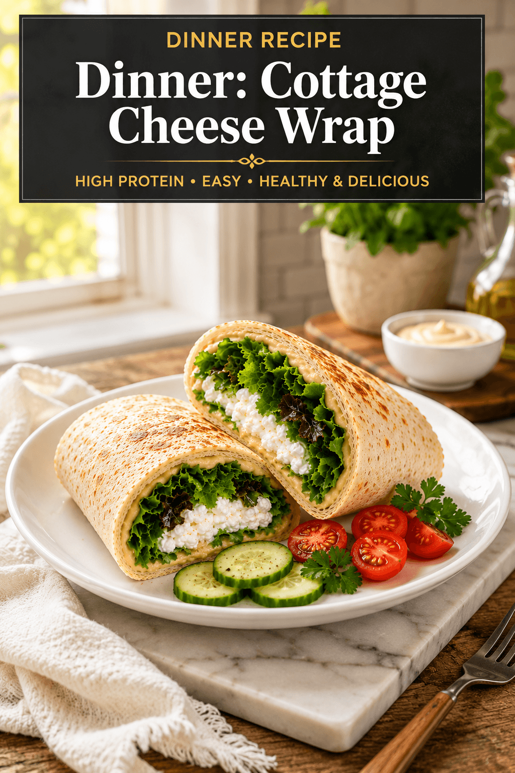 Pinterest food blog poster featuring a cottage cheese wrap made with whole grain bread, cottage cheese, hummus, and fresh salad greens, healthy high protein dinner recipe for busy professionals.