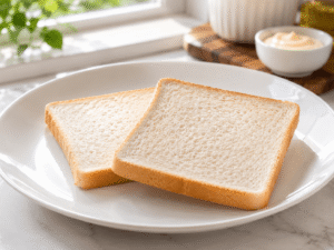 Whole grain bread placed on a clean white plate in a bright modern kitchen, preparing a cottage cheese wrap recipe under natural daylight.