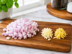 Sliced onion with finely chopped garlic and grated ginger arranged on a wooden cutting board in a bright kitchen.