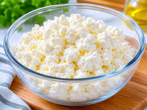 Ultra realistic bright food photography of fresh cottage cheese placed into a clear glass bowl on a wooden kitchen surface with natural daylight and modern bright kitchen background.