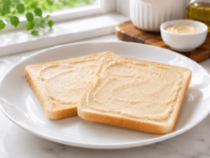Whole grain bread evenly spread with hummus or light cheese spread on a white plate, preparing a healthy cottage cheese wrap in a bright kitchen.