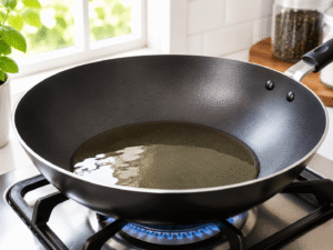 Heating cooking oil in a large black wok over a gas stove in a bright modern kitchen.