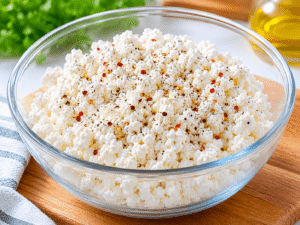Close-up food photography of cottage cheese in a glass bowl topped with black pepper and red chili flakes in a bright modern kitchen with natural light.
