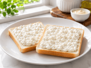 Creamy cottage cheese spread over bread slices on a white plate in a bright natural light kitchen, healthy wrap preparation step.
