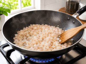 Cooking diced onions in hot oil until softened in a black nonstick wok on a gas stove.