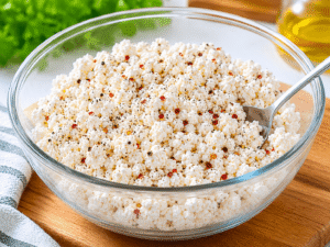 Ultra realistic food blog style image of cottage cheese mixture being mixed with a spoon inside a glass bowl with black pepper and chili flakes under bright kitchen lighting.