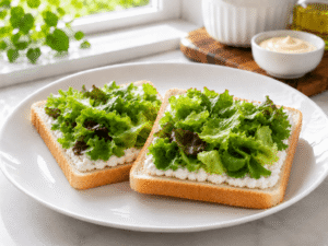 Fresh salad greens layered over cottage cheese on bread slices, creating a healthy cottage cheese wrap filling in a bright kitchen setting.