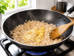 Adding garlic and ginger to softened onions and stirring in a hot wok with a wooden spoon.