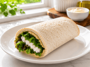 Whole grain bread carefully rolled around cottage cheese, hummus, and fresh salad greens to form a healthy cottage cheese wrap in a bright kitchen.