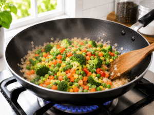 Mixed frozen vegetables added to a wok with onions, garlic, and ginger in a bright kitchen.