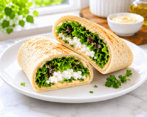 Fresh cottage cheese wrap sliced in half, showing layers of cottage cheese, hummus, and crisp salad greens on a white serving plate.