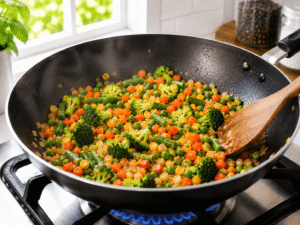 Colorful mixed vegetables being stir-fried in a large wok until heated through and tender