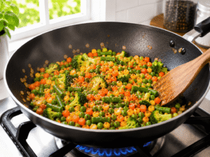 Seasoning mixed vegetable stir fry with salt and chili flakes in a hot wok.