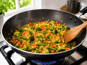 Mixing seasoned vegetables in a wok and cooking for another minute until well combined.