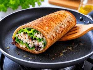 Ultra realistic close-up image of a freshly folded whole grain cottage cheese wrap with salad greens and creamy filling inside a black frying pan.