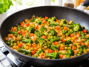 Hot mixed veggie stir fry ready to serve with colorful vegetables and chili flakes in a wok.