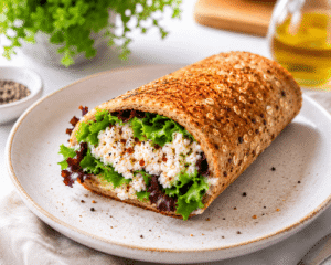 Professional bright food photography of freshly served cottage cheese wrap on a ceramic plate with salad greens and cottage cheese filling in a modern kitchen setting.