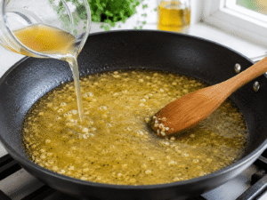 Chicken broth being poured into a garlic butter mixture in a black skillet while a wooden spoon stirs the flavorful sauce in a bright cozy kitchen scene.