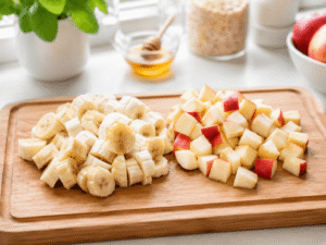 Fresh banana slices and diced apple pieces arranged on a wooden cutting board in a bright natural light kitchen setting.