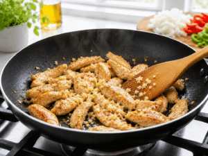 Minced garlic added to sizzling chicken in a frying pan and stirred with a wooden spatula.
