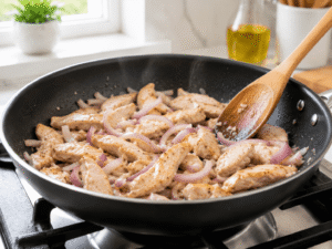 Chicken cooking with sliced onions and minced garlic in a black frying pan with a wooden spoon stirring.