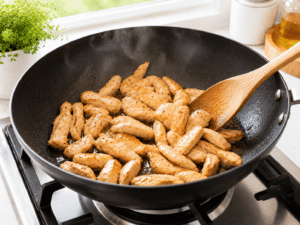 Sliced chicken cooking in a hot wok until lightly golden and fully cooked with a wooden spatula stirring