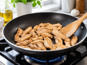 Chicken strips cooking in a black frying pan until lightly golden while being stirred with a wooden spatula.