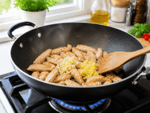 Minced garlic and freshly grated ginger cooking with sliced chicken in a black wok for Thai chicken stir fry.