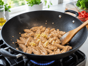 Minced garlic and grated ginger being stirred into browned chicken to build flavor for 15-Minute Chicken Veggie Stir Fry.