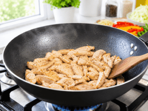 Thinly sliced chicken breast cooking in a hot wok until fully cooked for chicken noodle stir fry.