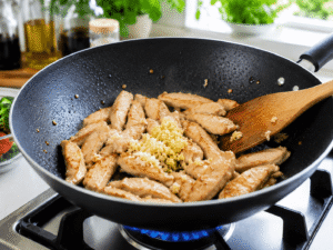 Fresh minced garlic and ginger being stirred with browned chicken in a wok for garlic chicken stir fry.