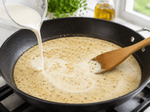 Heavy cream being added into a seasoned garlic broth sauce inside a black nonstick pan with creamy texture forming under warm natural kitchen lighting.
