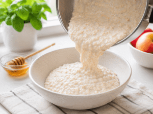 Warm creamy oatmeal being poured from a cooking pot into a white ceramic serving bowl on a marble countertop.