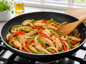 Chicken stir fry with sliced onions, red bell peppers, and green bell peppers cooking in a black pan.