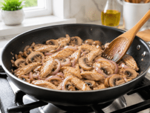 Sliced mushrooms added to chicken and onions while cooking in a savory stir fry sauce in a frying pan.