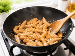 Golden chicken stir fried with minced garlic and grated ginger in a black wok with light steam rising
