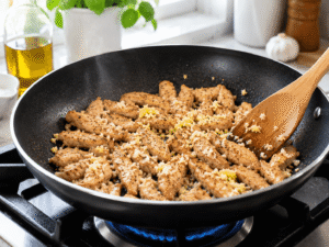 Golden chicken strips cooking with freshly minced garlic and ginger in a black skillet on a gas stove.