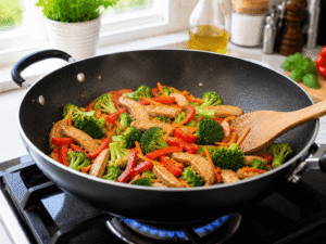 Minced garlic and freshly grated ginger cooking with sliced chicken in a black wok for Thai chicken stir fry.