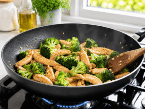 Fresh broccoli florets added to cooked chicken in a skillet and stirred together for a healthy chicken broccoli stir fry.