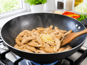 Minced garlic being added to cooked chicken and stirred until fragrant in a wok for chicken noodle stir fry.