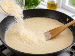 Freshly grated parmesan cheese melting into a creamy garlic sauce while being stirred continuously in a black skillet with rich smooth texture and bright food photography styling.