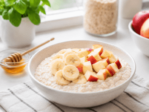 Creamy oatmeal topped with fresh banana slices and diced apples in a white serving bowl with soft natural daylight.