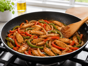 Soy sauce, chili sauce, and oyster sauce mixed into spicy chicken stir fry with vegetables.