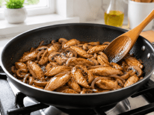 Soy sauce and oyster sauce coating chicken and mushrooms in a glossy savory stir fry sauce.