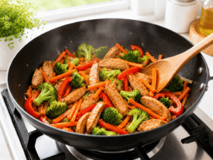 Broccoli, bell peppers, and carrots added to chicken in a wok for colorful teriyaki chicken stir fry