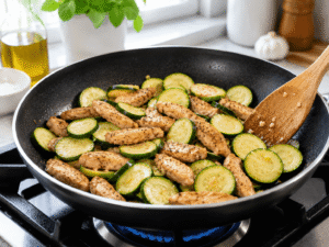 Fresh zucchini slices added to chicken in a sizzling black skillet while stir frying over medium heat.