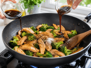 Soy sauce and oyster sauce poured over chicken and broccoli with salt and black pepper for a flavorful chicken broccoli stir fry.