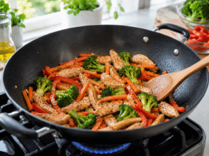 Chicken, broccoli, carrots, and red bell peppers being stir-fried together until tender-crisp in a black skillet.