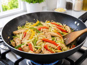 Bell peppers and shredded cabbage stir-frying with chicken in a wok until crisp-tender for chicken noodle stir fry.