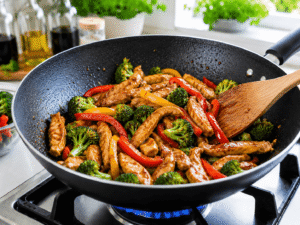 Soy sauce and oyster sauce coating chicken, broccoli, and bell peppers in a garlic chicken stir fry.